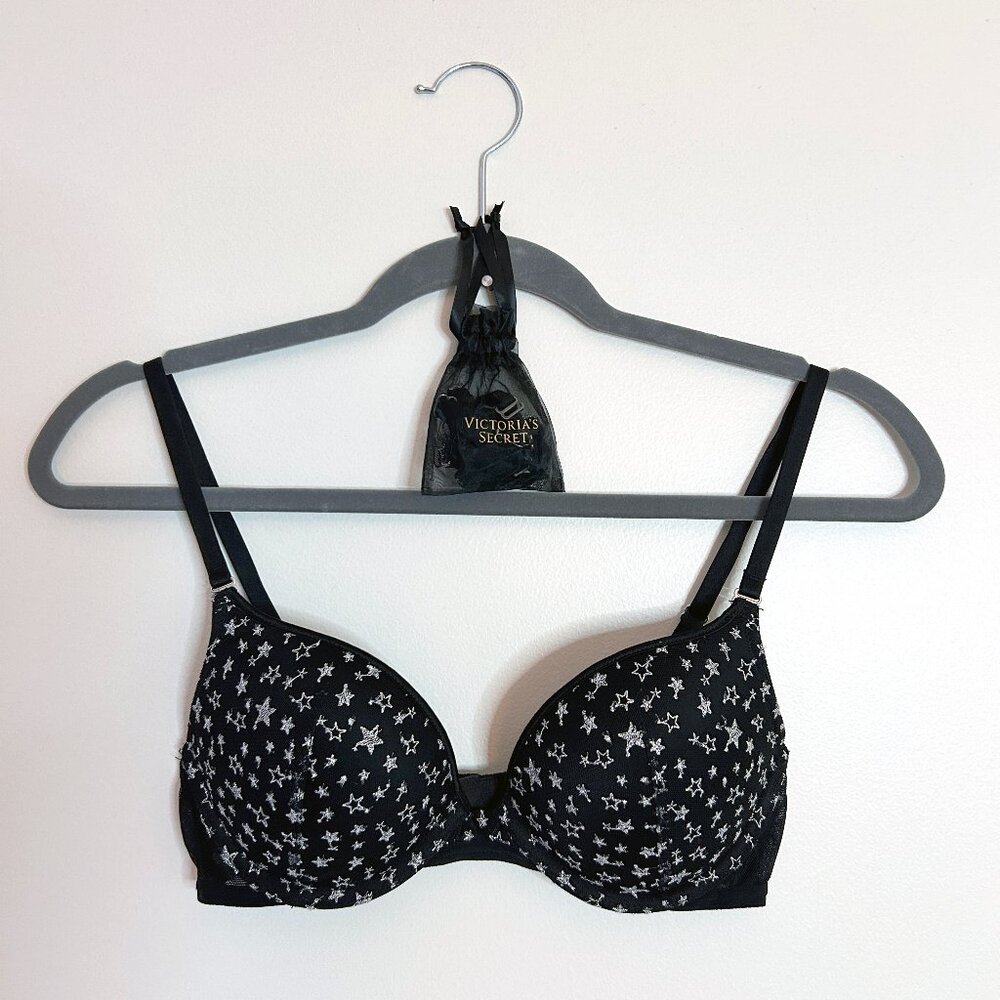 Victoria's Secret Black Push-Up Bra with Stars Size 32C Extra Straps Included